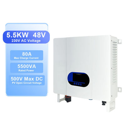 5.5kw 5.5kva แหล่งชาร์จอินเวอร์เตอร์ ไฮบริดแสงอาทิตย์ 24V 48V DC ถึง 220V AC คลื่นไซน์บริสุทธิ์